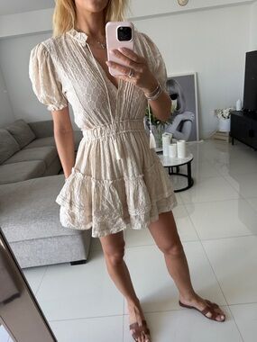 Lace-Tiered Cream Mini Dress with Smocked Waist